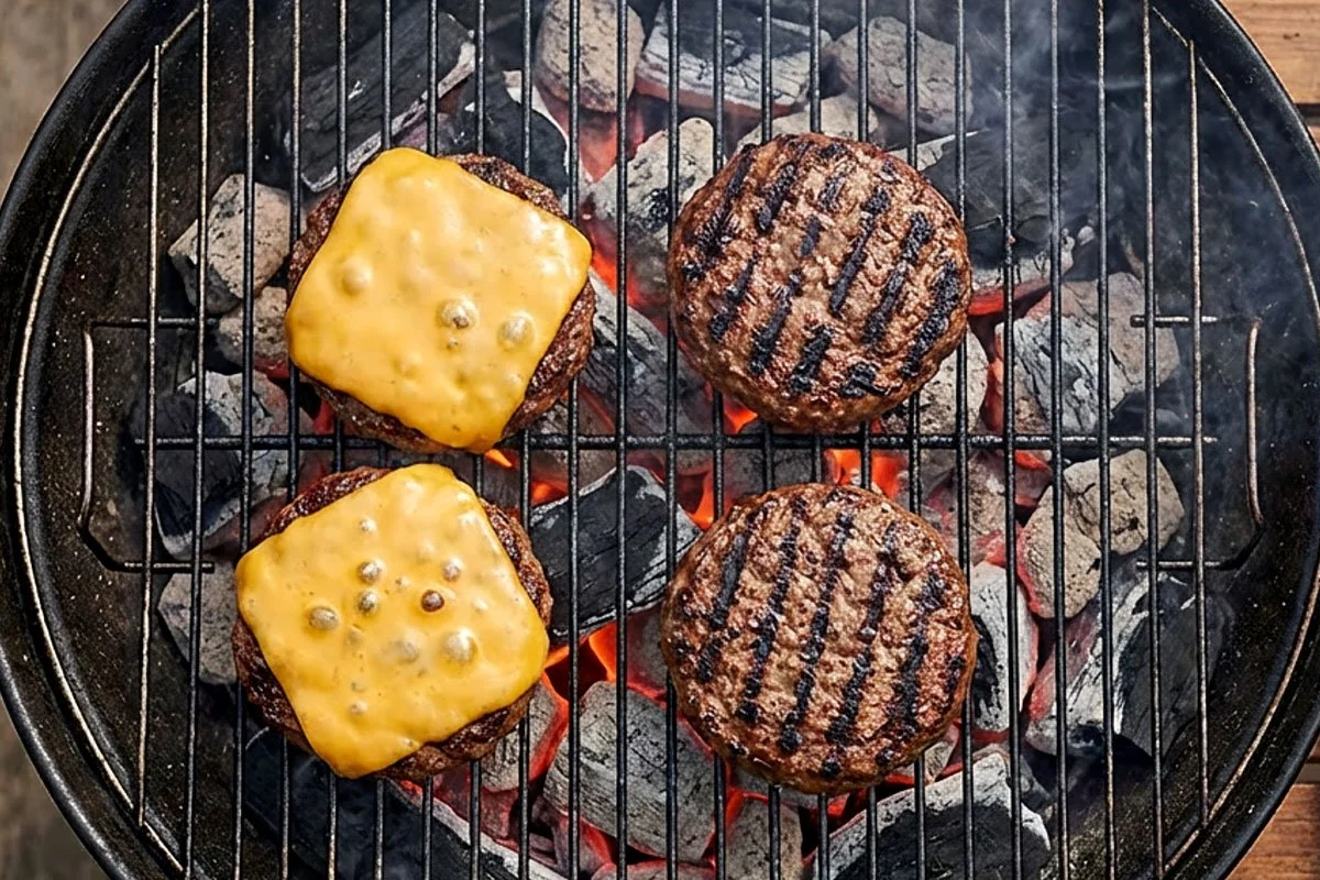 Burgers grilling on a charcoal grill.