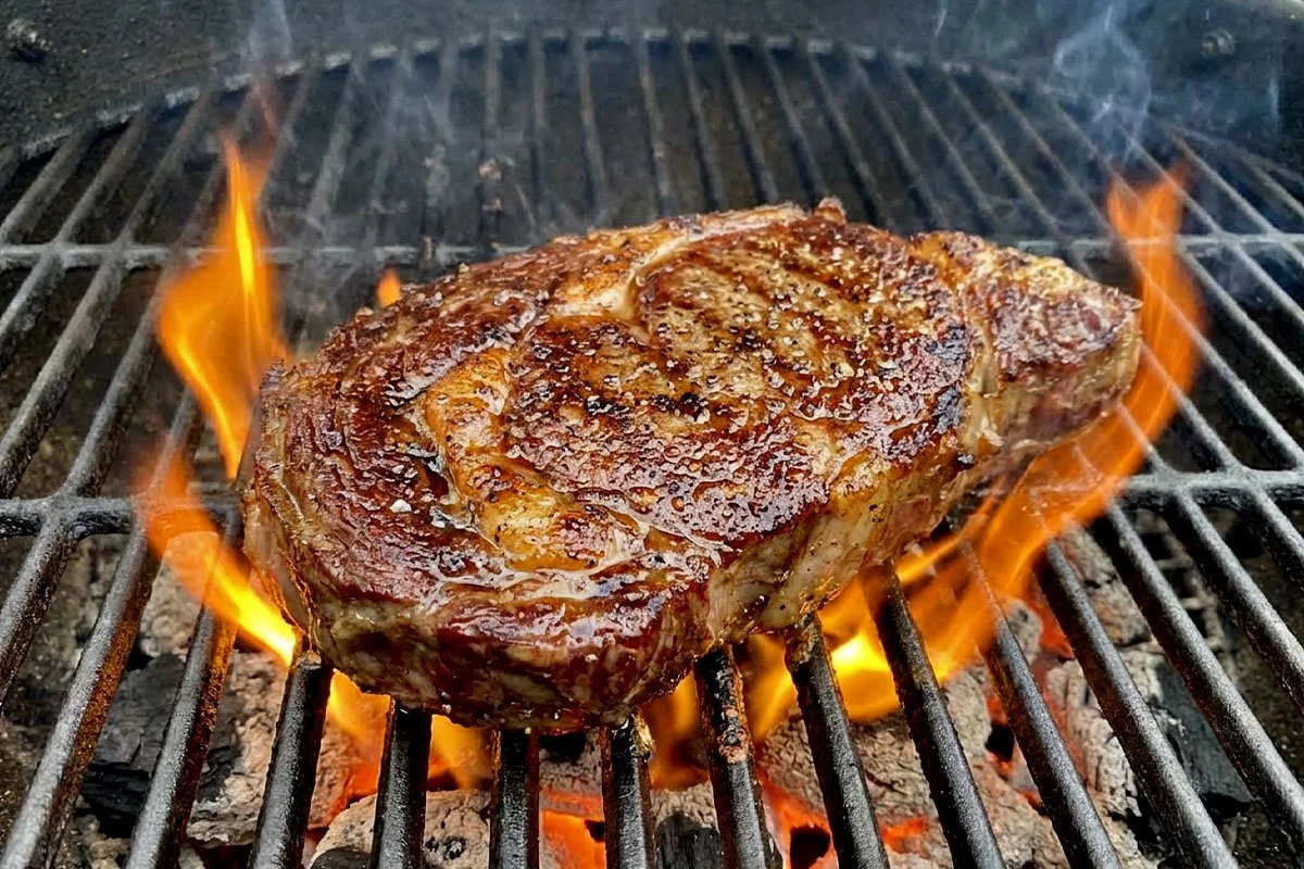 New York Strip steak, reverse sear, end of the searing process.