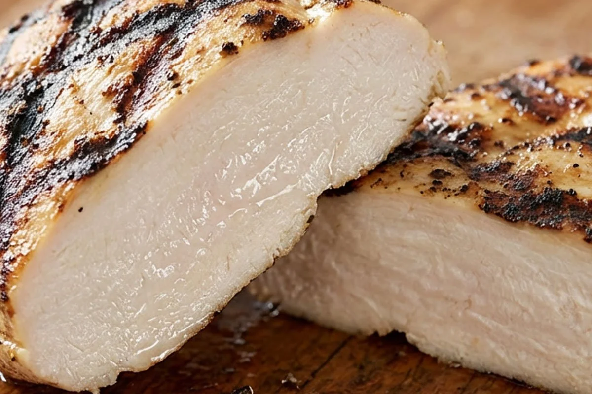 A moist chicken breast, sliced.