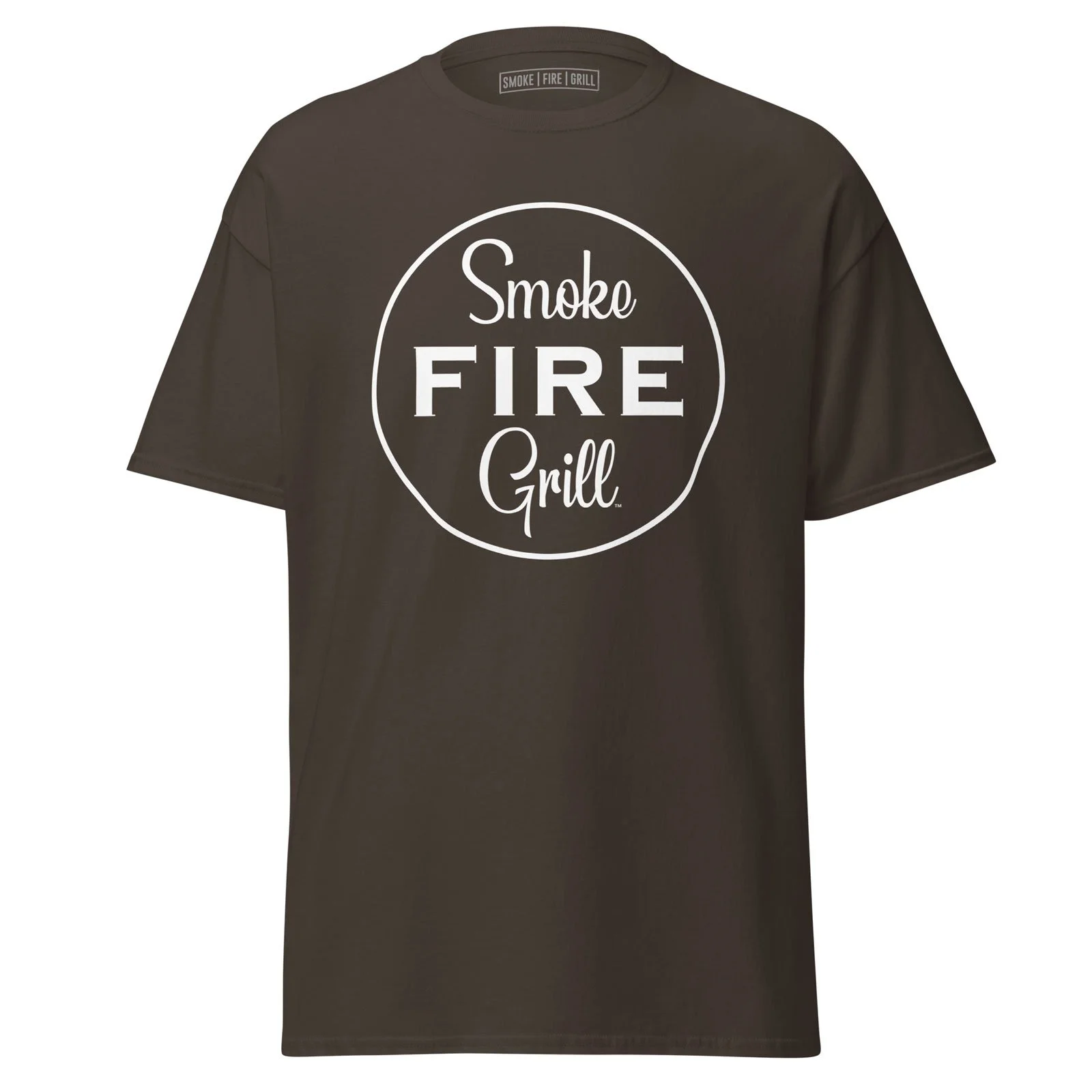 Smoke Fire Grill, Classic Logo t-shirt in dark chocolate.