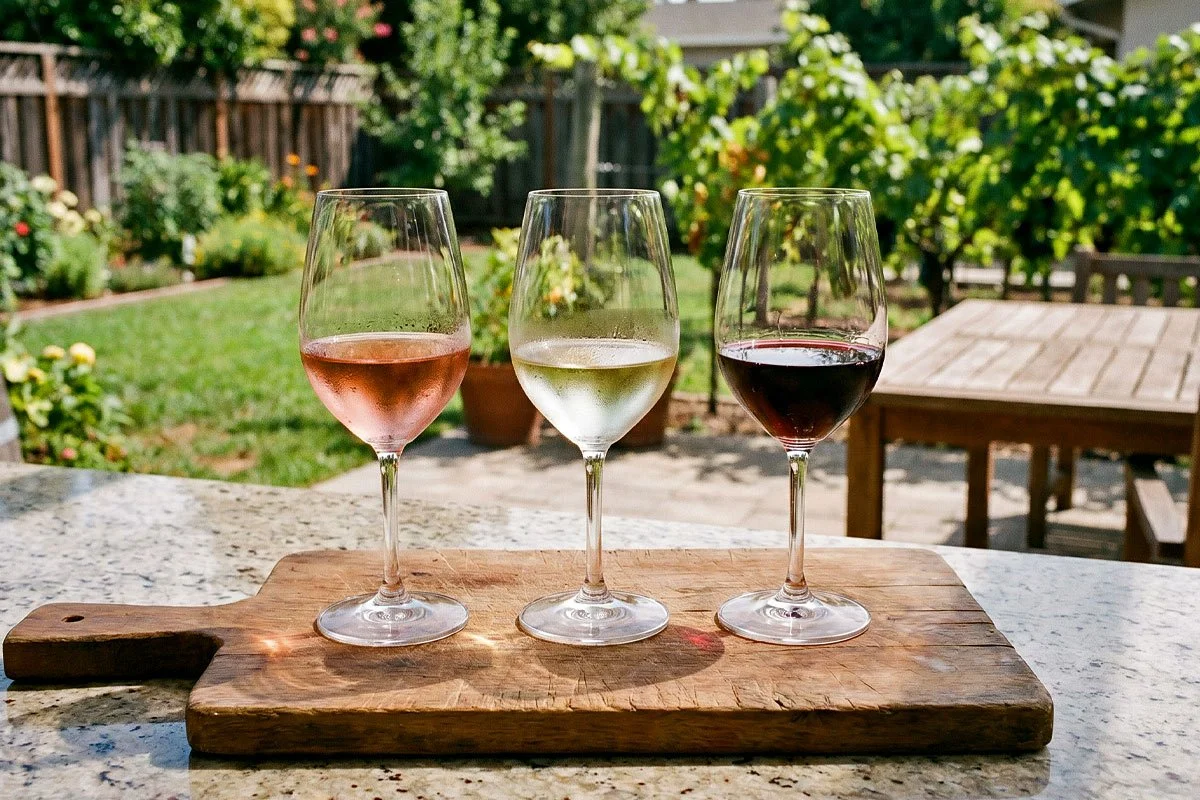 Three wine glasses in an outdoor kitchen.