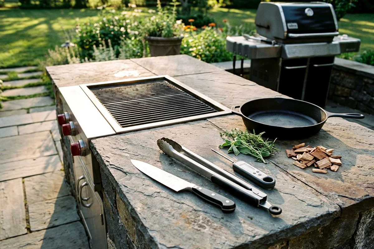 Barbecue tools on an outdoor kitchen counter.