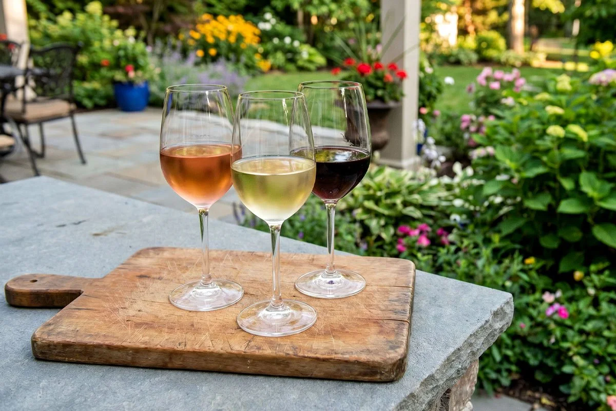 Three wine glasses on a cutting board in an outdoor kitchen.