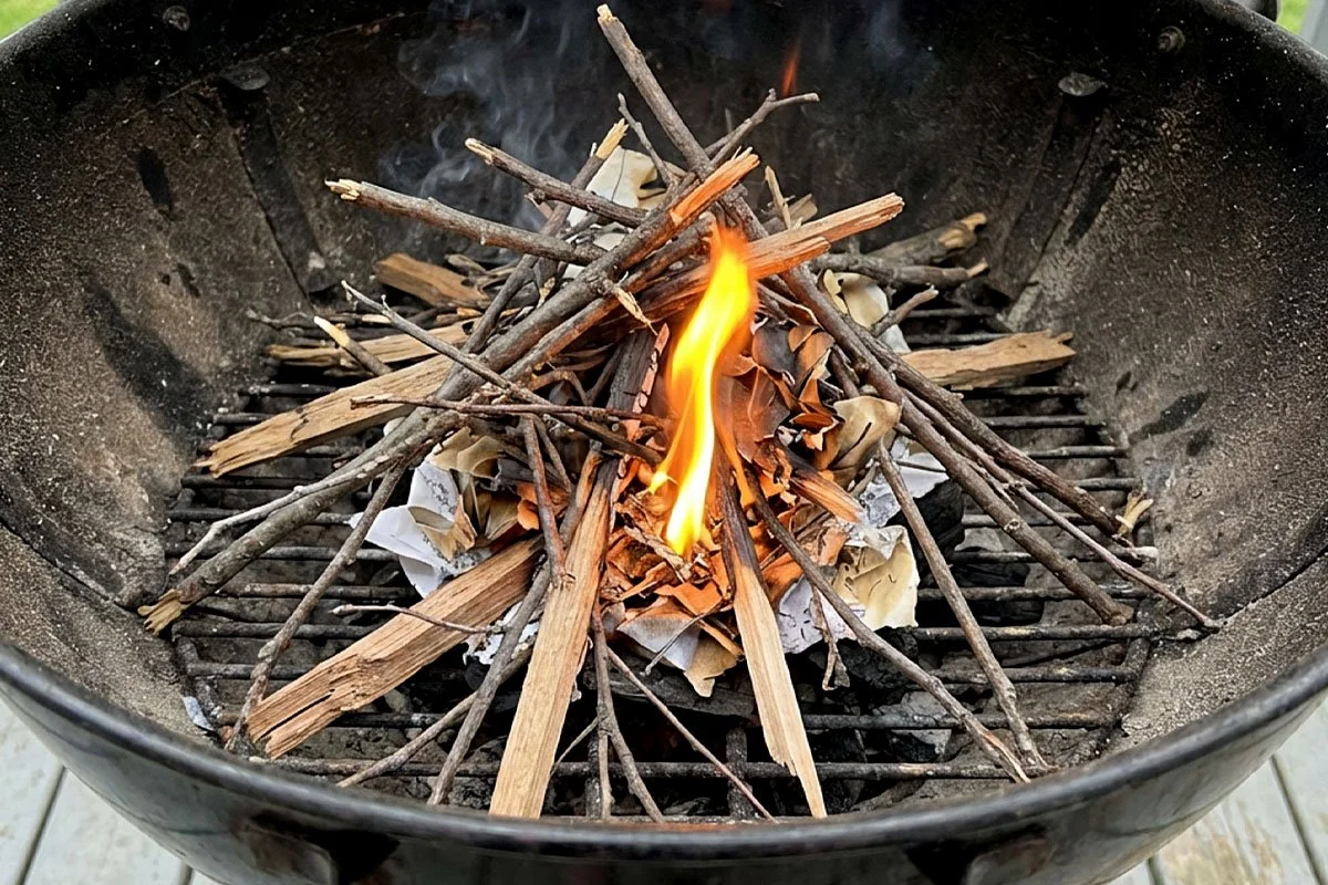 Kindling in a kettle grill.