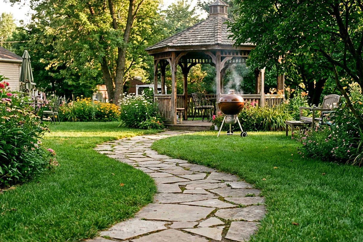 Flagstone path to a barbecue and gazebo.