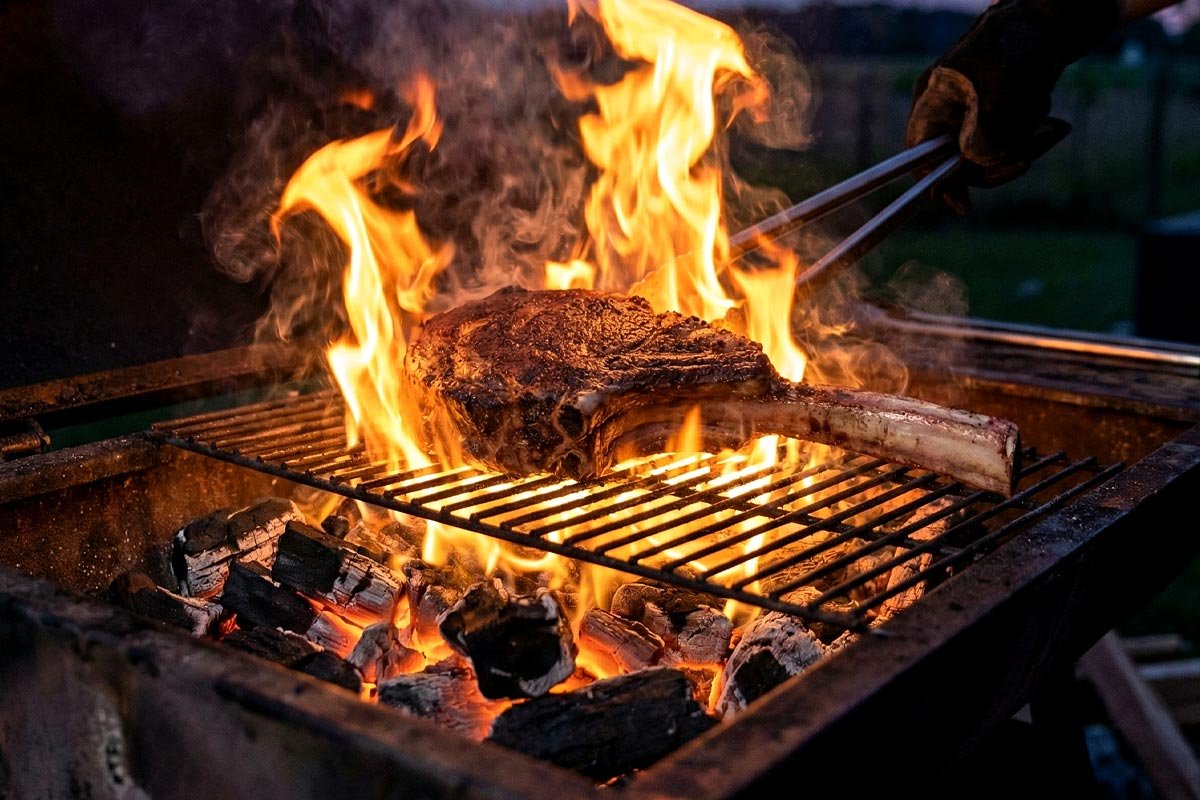 A tomahawk steak in flames on a charcoal grill.