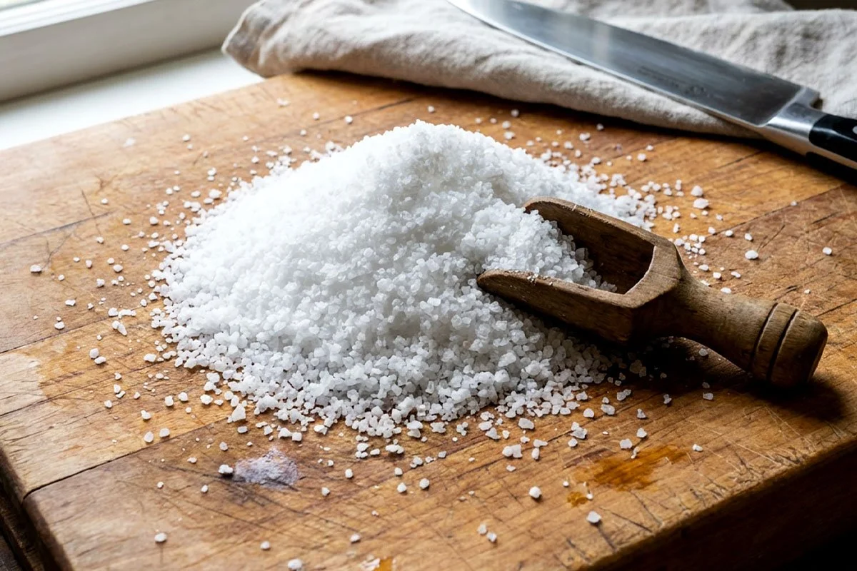 A pile of kosher salt on a cutting board.