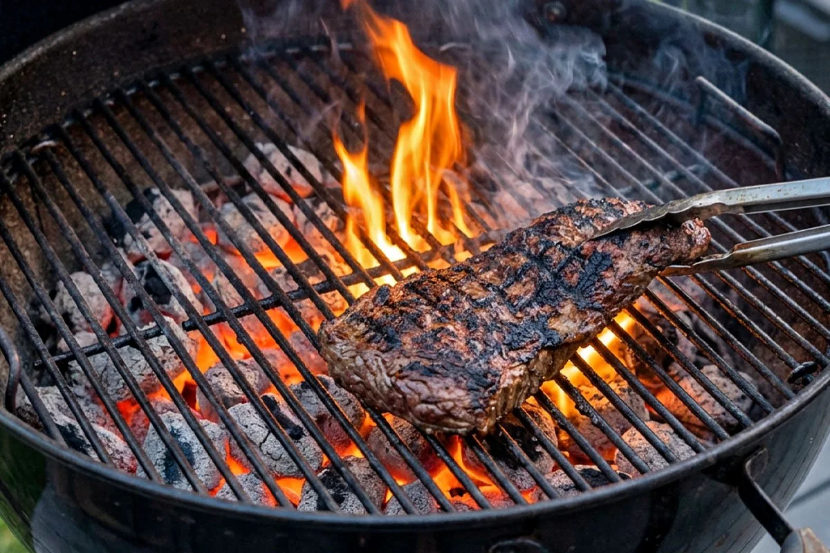 Skirt steak on a kettle grill.