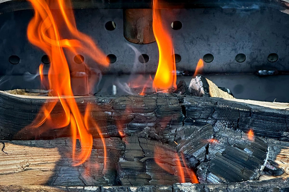 Coals from split hardwood.