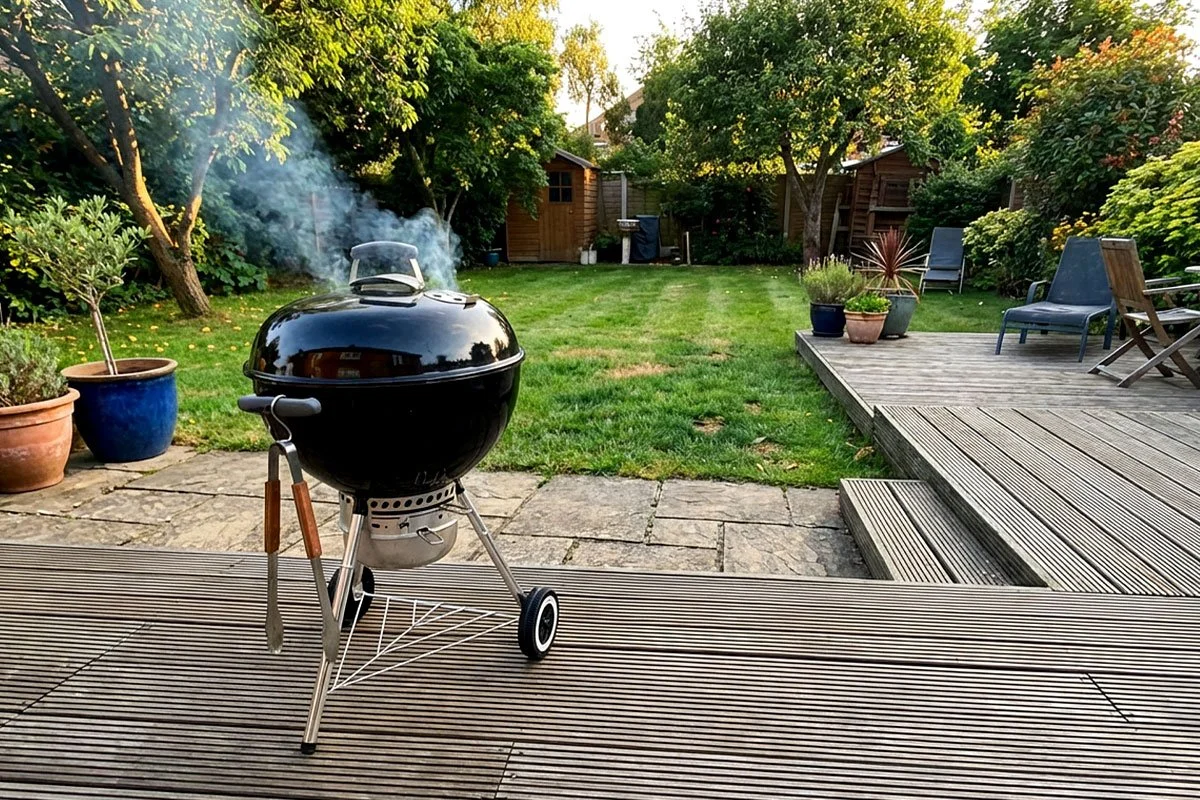 Charcoal kettle grill on a deck.