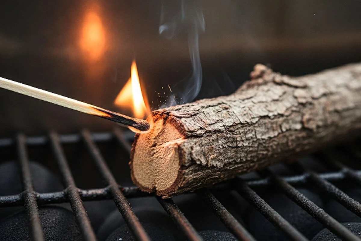 A wooden match lighting a piece of wood.