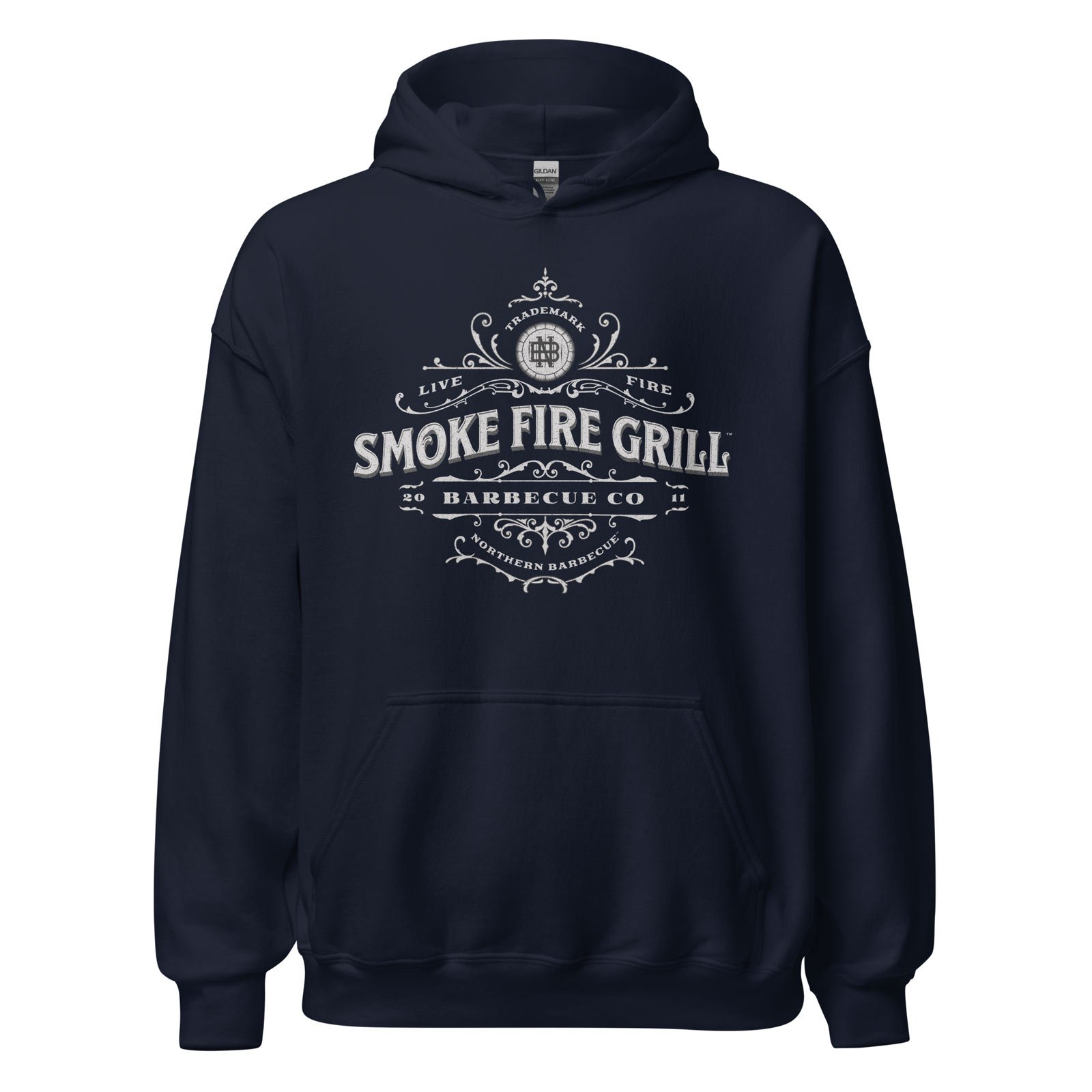 Smoke Fire Grill, Revival Crest Barbecue Hoodie in Navy.