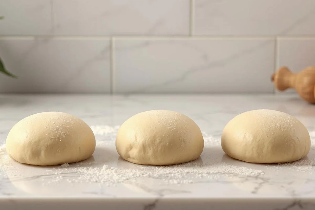 Three pizza dough balls ready for pizza making.