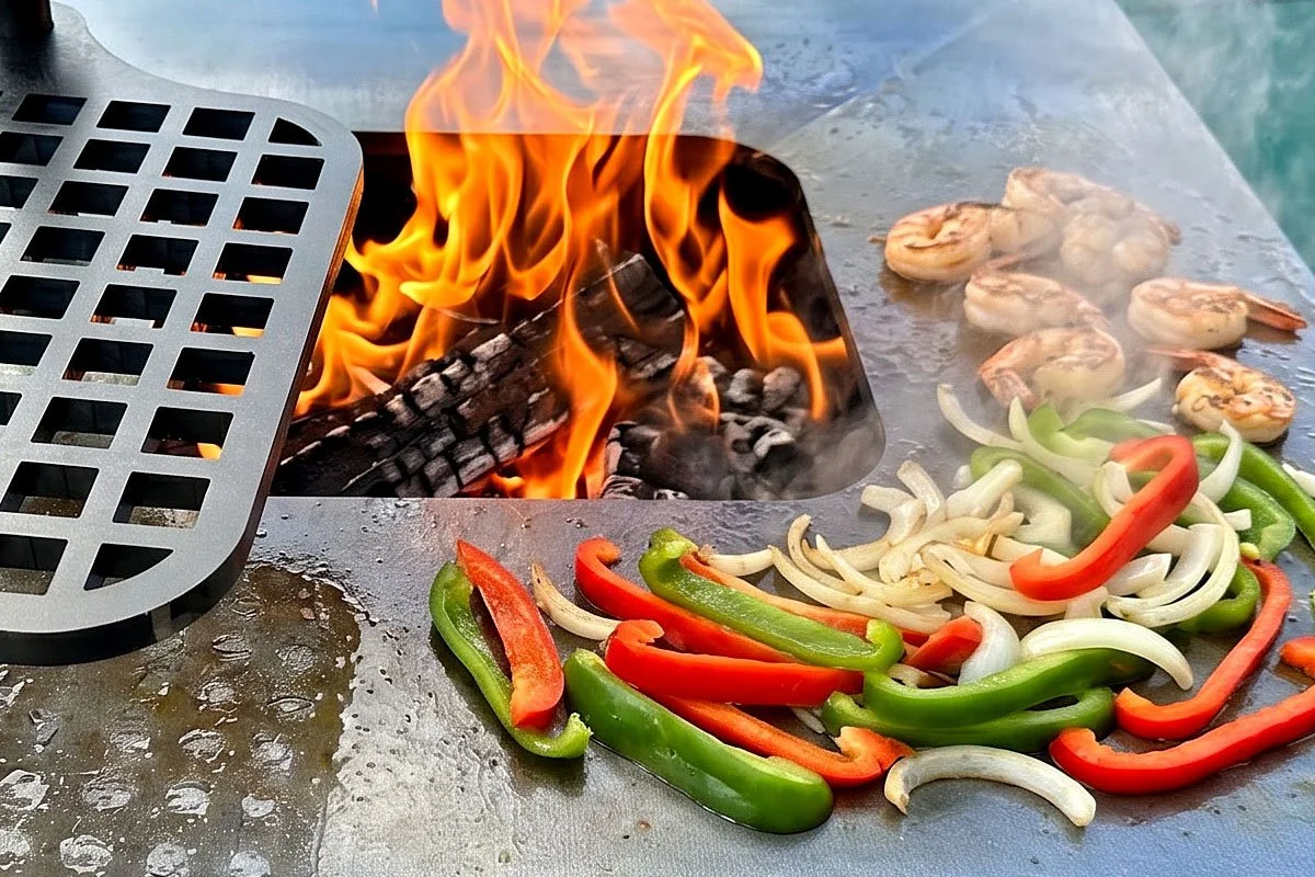 Shrimp and veggies on the Teppan 29 Carbon Steel cooktop. Photo Mike Belobradic.