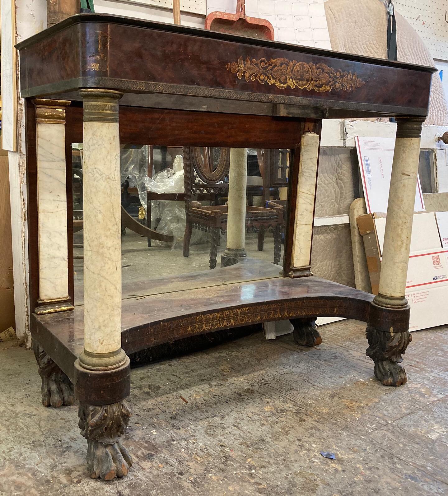 Here&rsquo;s a 19th century Pier table that was in need of a little bit of everything: structural repair, carving, gilding, cleaning and polish. I removed the blackened layer of varnish on the gilded capitals while preserving the original gesso layer