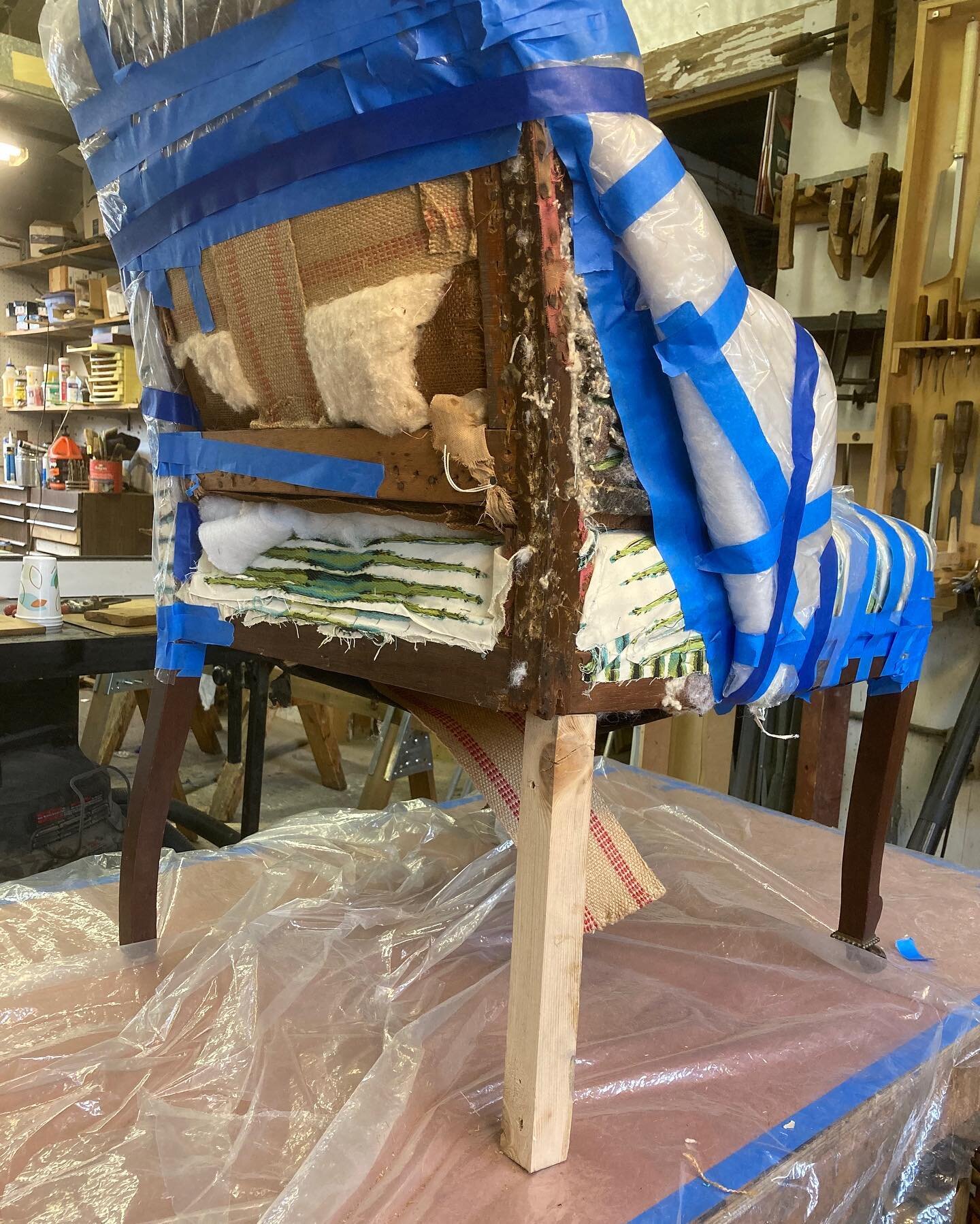 Returning to an earlier post; love doing messy, invasive structural repairs on white upholstered furniture. Can&rsquo;t wrap it tightly enough. Thanks to @michael_mascelli_upholsterer for the excellent upholstery work.  #antiquefurniturerestoration #