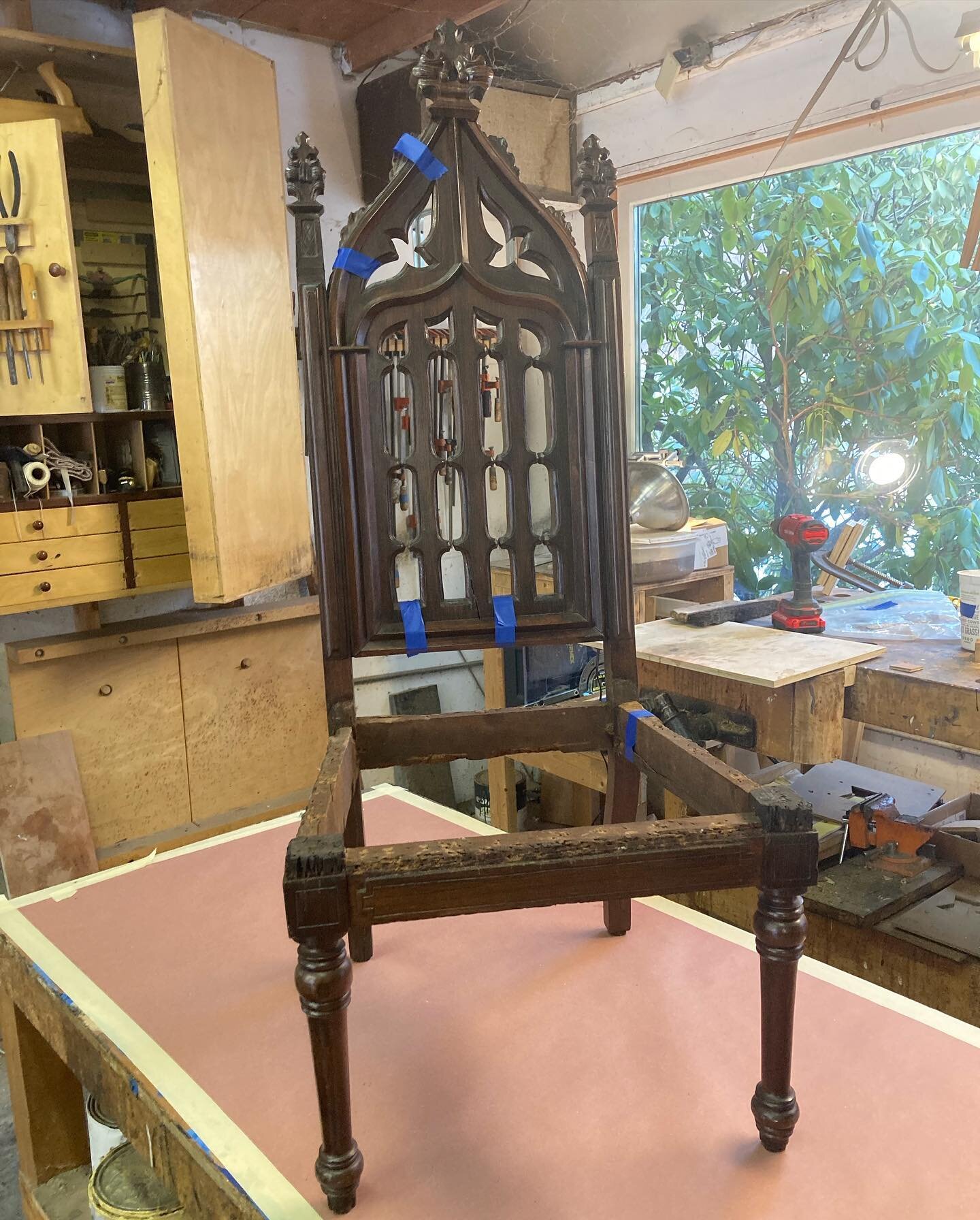 A second Gothic chair gets the same treatment as previous post. #antiquefurniturerestoration #antiquefurniture #upholsteredfurniture #furniturerepair #finewoodworking #gothicfurniture #finefurnituredesign #chairrepair #antiquefurnitureconservation #1