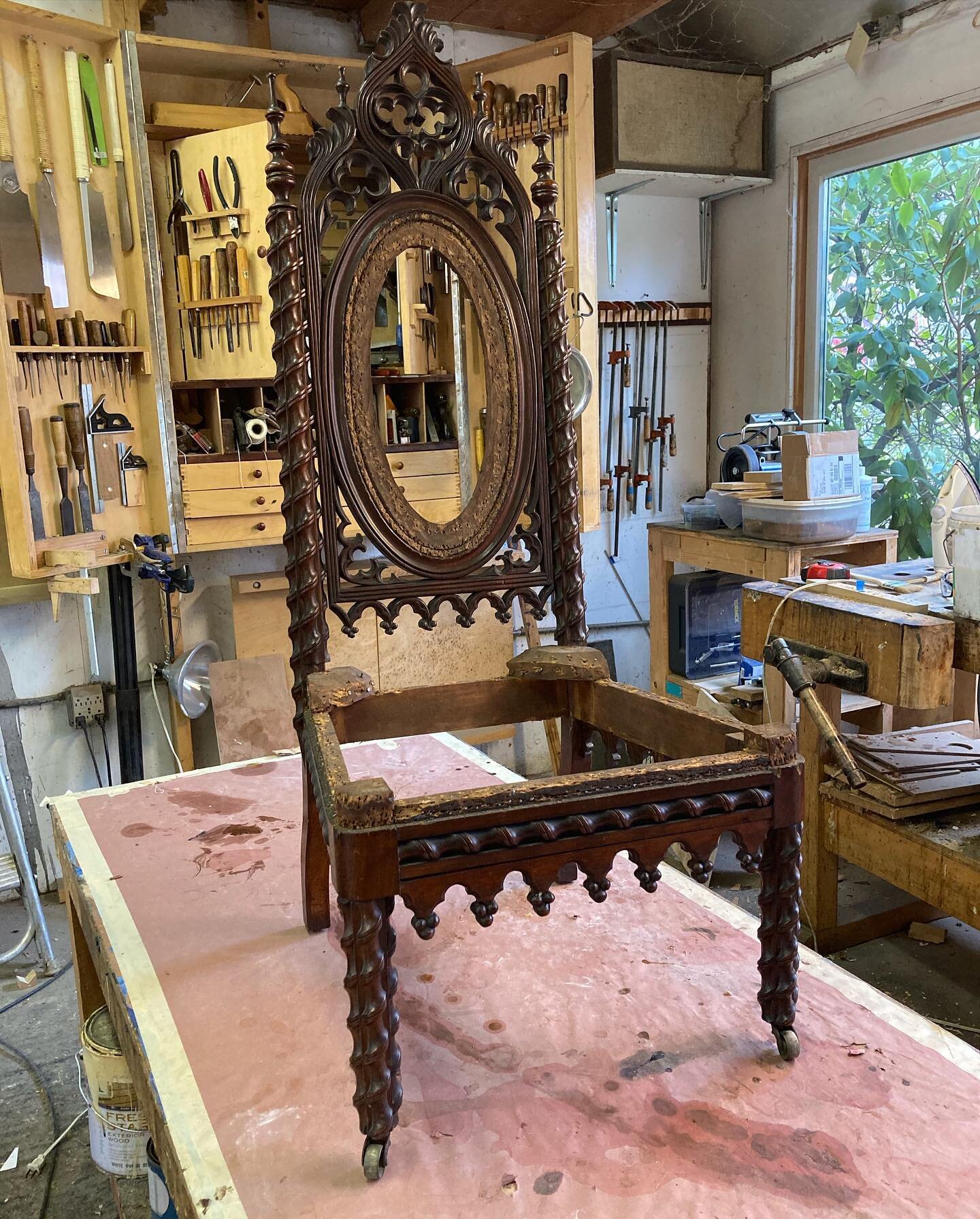 Here&rsquo;s a 19th C Gothic chair with some very ornate applied carving. A good example of something I often see on upholstered pieces, the nailing edge has been destroyed after multiple recoverings. I prefer to remove the damaged wood and insert a 