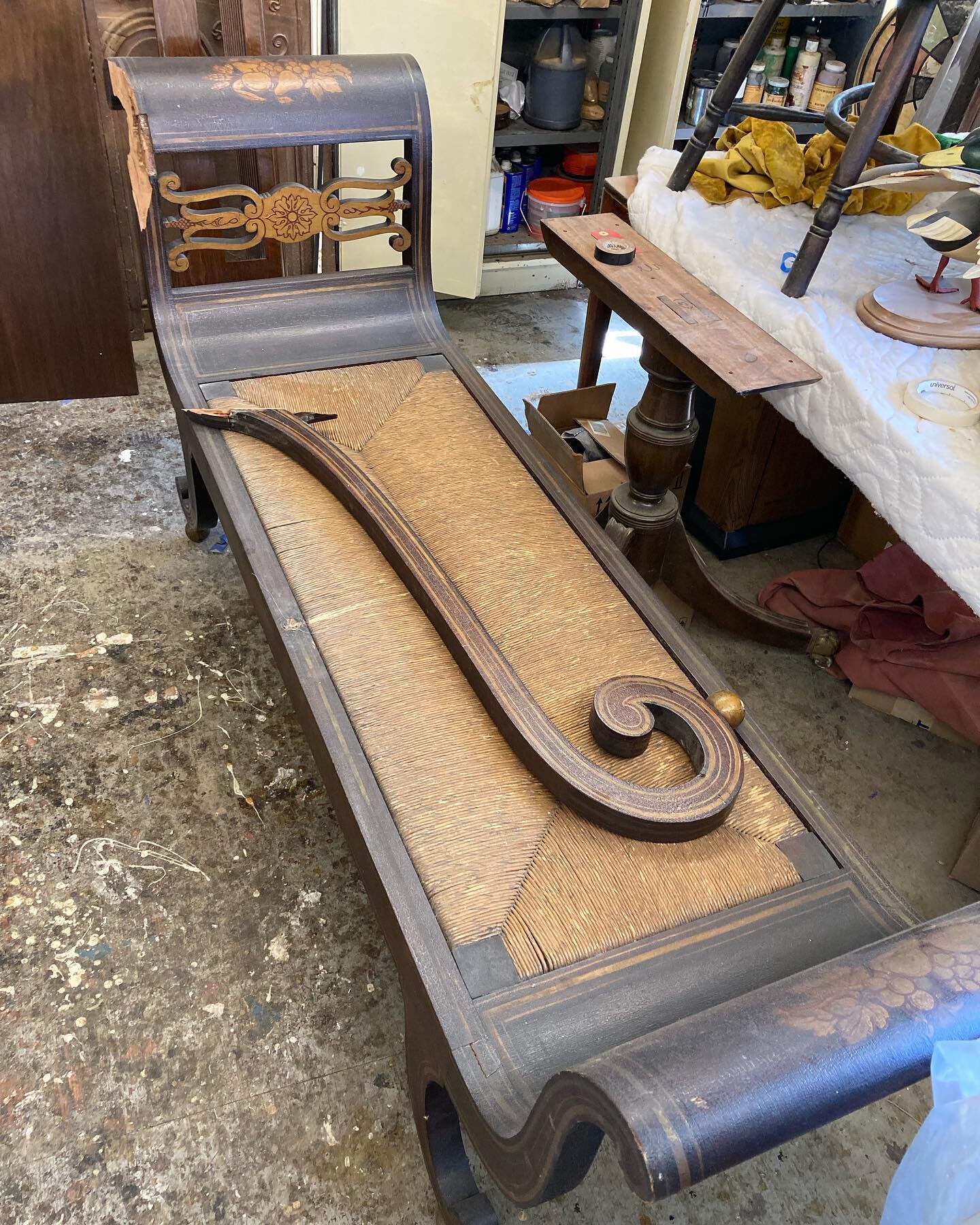 Here&rsquo;s a very nice 19th c. painted chaise lounge that&rsquo;s been badly treated.  The foot also needed some attention  with the insertion of an oak fillet to stabilize some bad cracking. #antiquerestorations #antiquefurniturerestoration #antiq