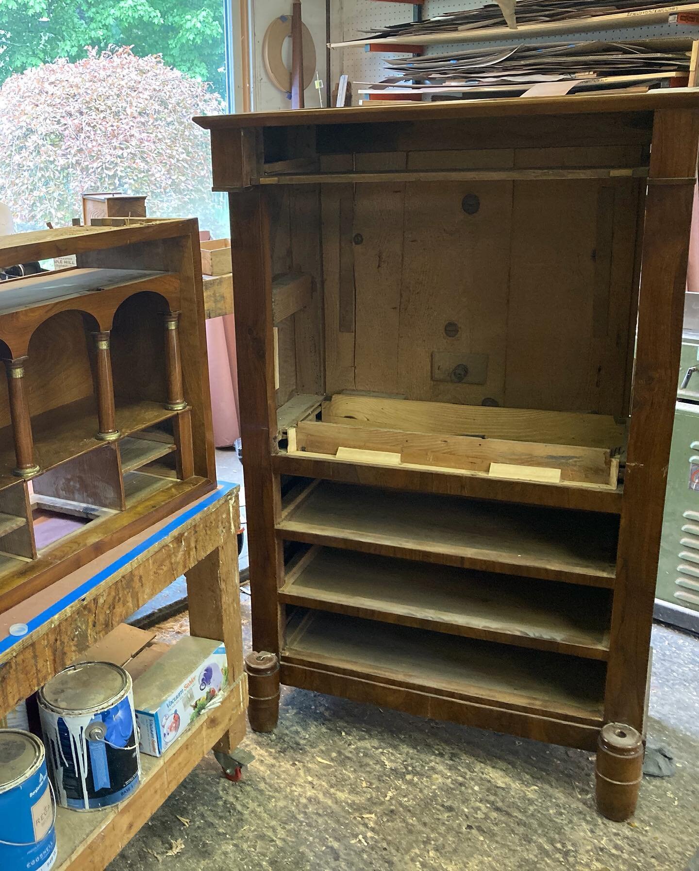 Here&rsquo;s a 19th C. French Empire drop front secretary (secretaire  abattant) in for some structural  repairs and polishing.  This is a good example of a hybrid piece, made up of a handful of parts from other pieces. When it&rsquo;s well done, it&