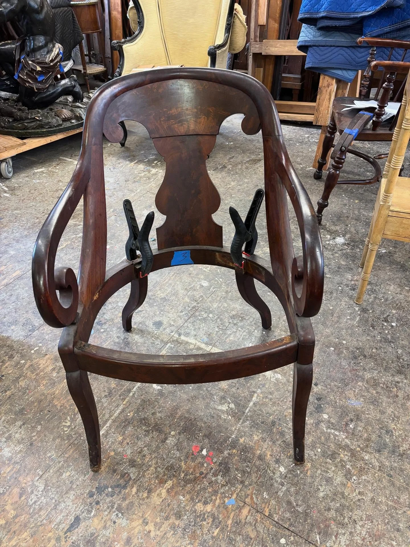 Here&rsquo;s a mismatched set of 19th c. chairs with a long list of breaks, bad repairs and general abuse. These pics document just some of the many repairs done to bring them back including scarfing in new mahogany, replacing dowels with tenons impr