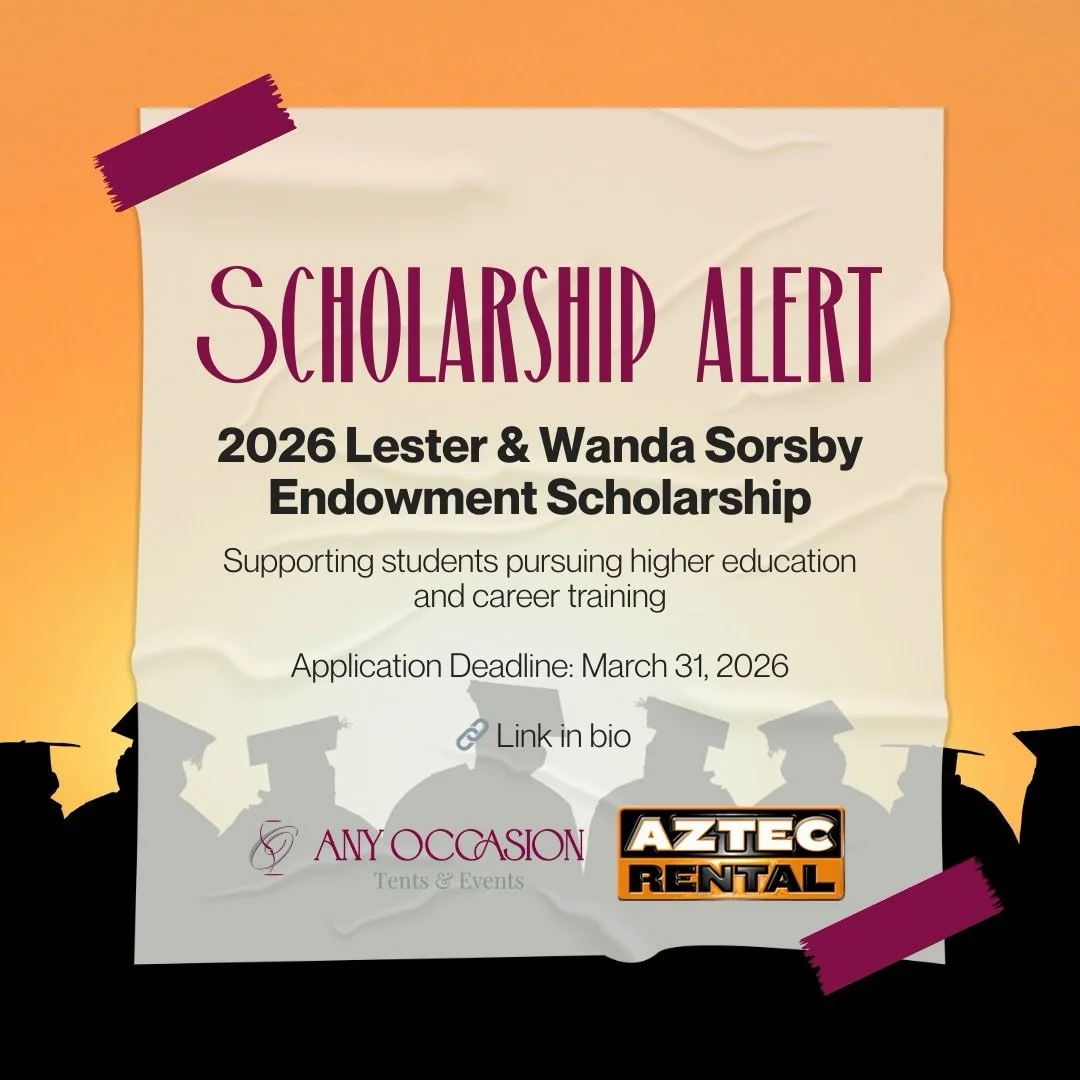 🎓 Scholarship Alert! 🎓

Any Occasion Tents &amp; Events and Aztec Rental &amp; Sales are excited to offer the 2026 Lester &amp; Wanda Sorsby Endowment Scholarship, supporting students pursuing higher education and career training!

We believe in sh