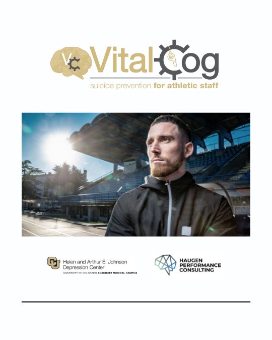 Cover page of a publication titled 'VitalCog' focusing on suicide prevention for athletic staff. It features a man in sports attire at an outdoor stadium, with sunlight behind him. Logos for Helen and Arthur E. Johnson Depression Center and Haugen Performance Consulting are at the bottom.