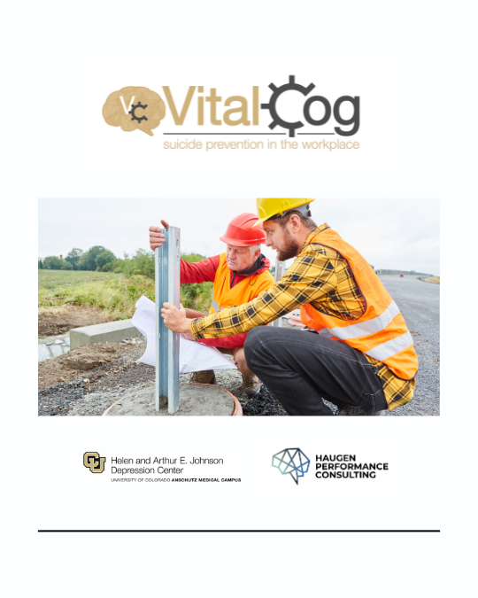 Two construction workers, one older and one younger, wearing hard hats and safety vests, working together at a roadside construction site with green fields in the background. They are examining blueprints or plans near a metal post.