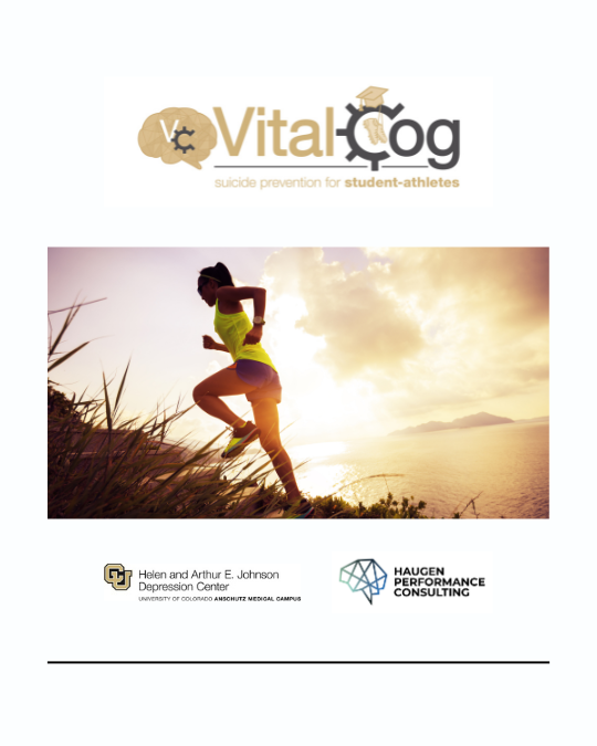 Woman running up a hill as the sun is setting on the water. Text reads VitalCog. Suicide prevention for student-athletes. Contact Erin Haugen to learn more. bit.ly/vitalcog