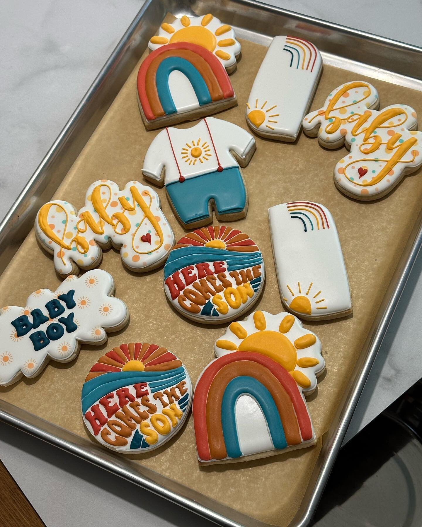 Here comes the son! ☀️👶🏼Such a great baby shower theme and even cuter cookies! #HereComesTheSon #BabyShowerCookies #RetroCookies #RetroBabyShower #SugarCookies #Homemade #RoyalIcing #CustomCookies #HandDecoratedCookies #DecoratedCookies #DecoratedS