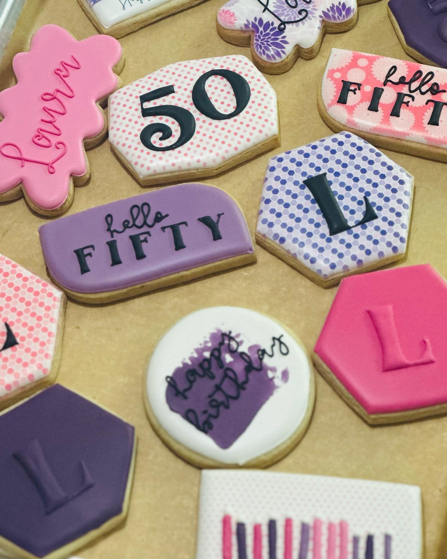 Happy 50th birthday to Laura!! The client asked for pink, purple and black inspired birthday for her sister. I had fun playing with digital papers to make some of the backgrounds on these cookies. #SugarCookies #Homemade #RoyalIcing #CustomCookies #H