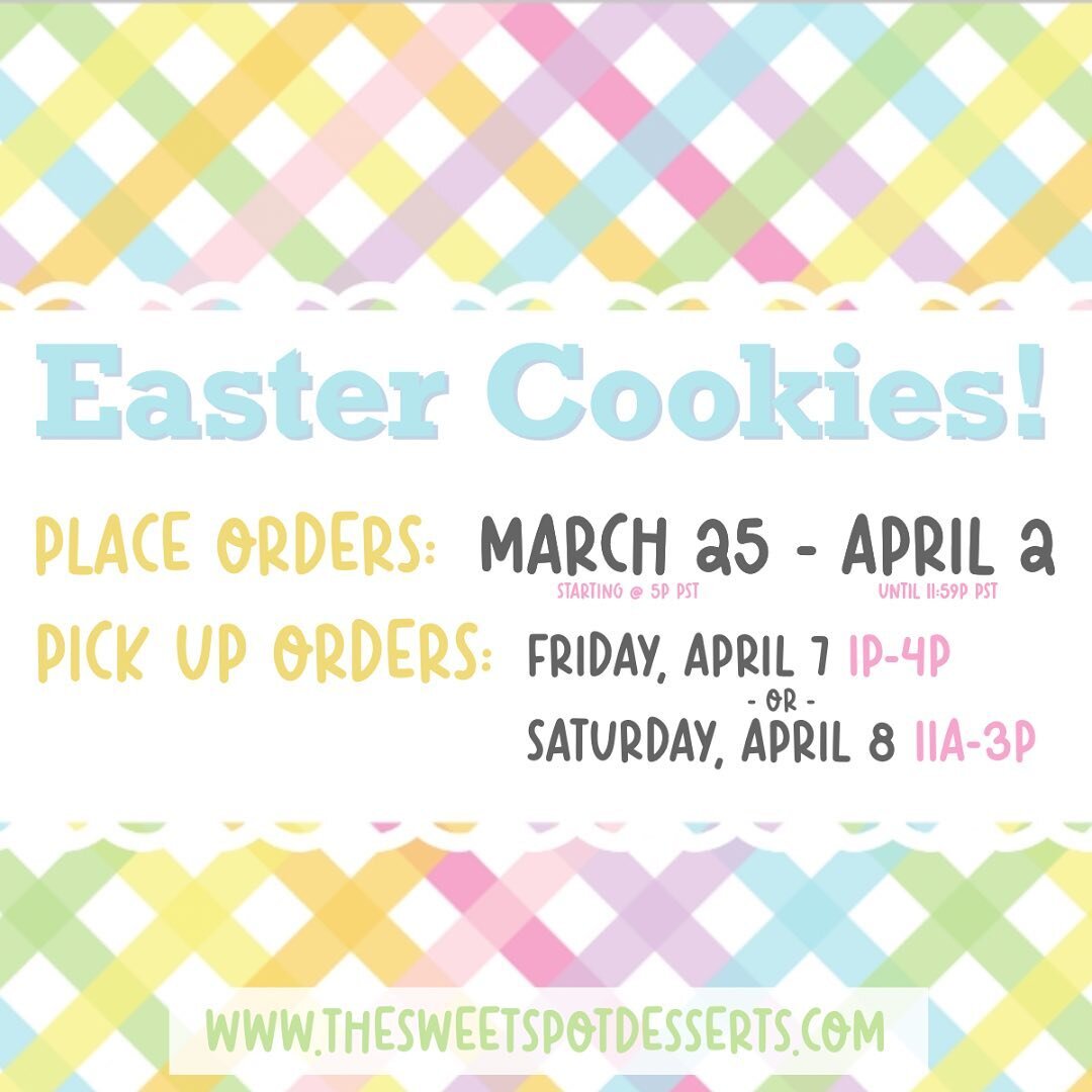 Easter cookies are for sale starting tonight at 5p PST! Visit my website to place your orders. Swipe through to see all of the options. All orders are for pick up on either April 7, 2023 (1pm-4pm) or April 8, 2023 (11am-3pm). Dates and time provided 