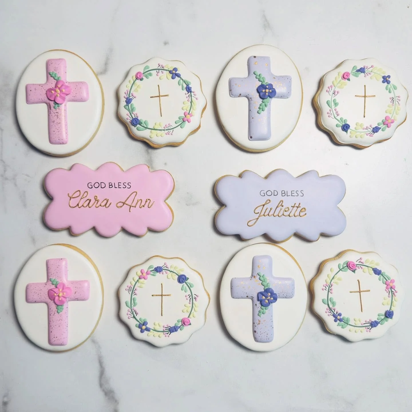 Soft pastels and hand-painted florals made this set extra special for Clara Ann and Juliette&rsquo;s baptism day. A sweet way to celebrate such a meaningful milestone. #SugarCookies #Homemade #RoyalIcing #CustomCookies #HandDecoratedCookies #Decorate