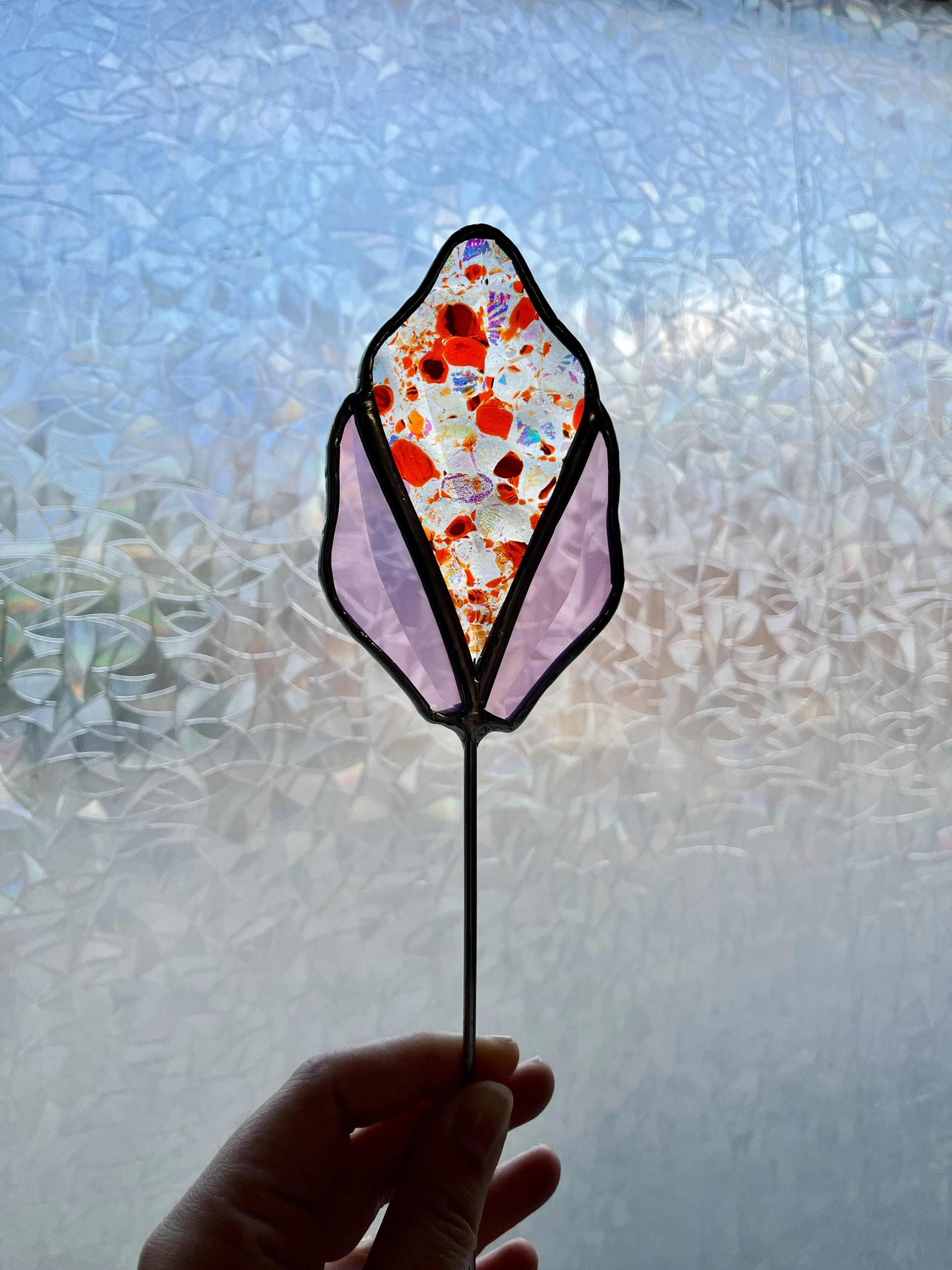 Pink/Orange - Beveled stained glass plant stake - Handmade in Montreal (copie)
