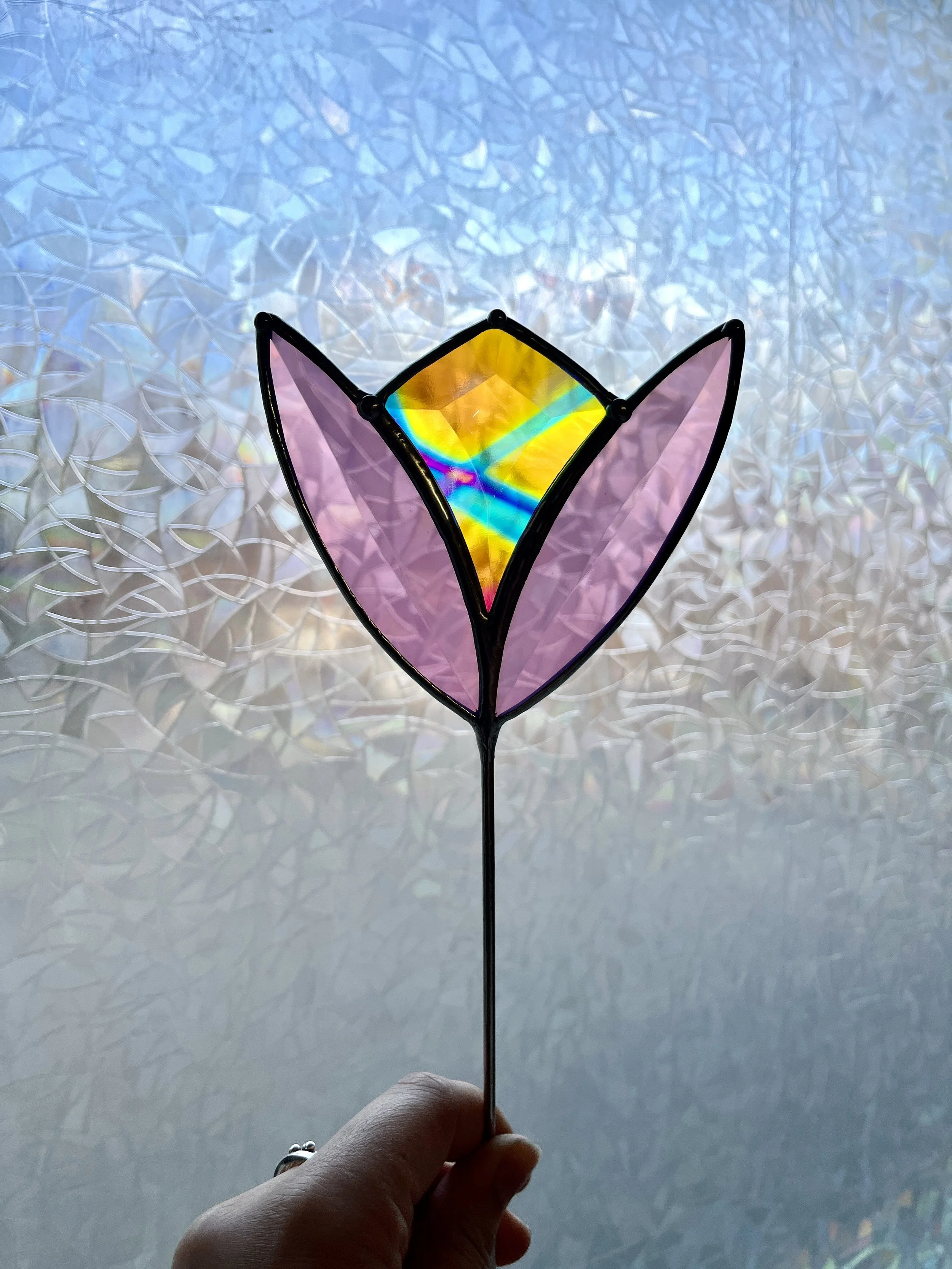 Pink/Dichroic - Beveled stained glass plant stake - Handmade in Montreal