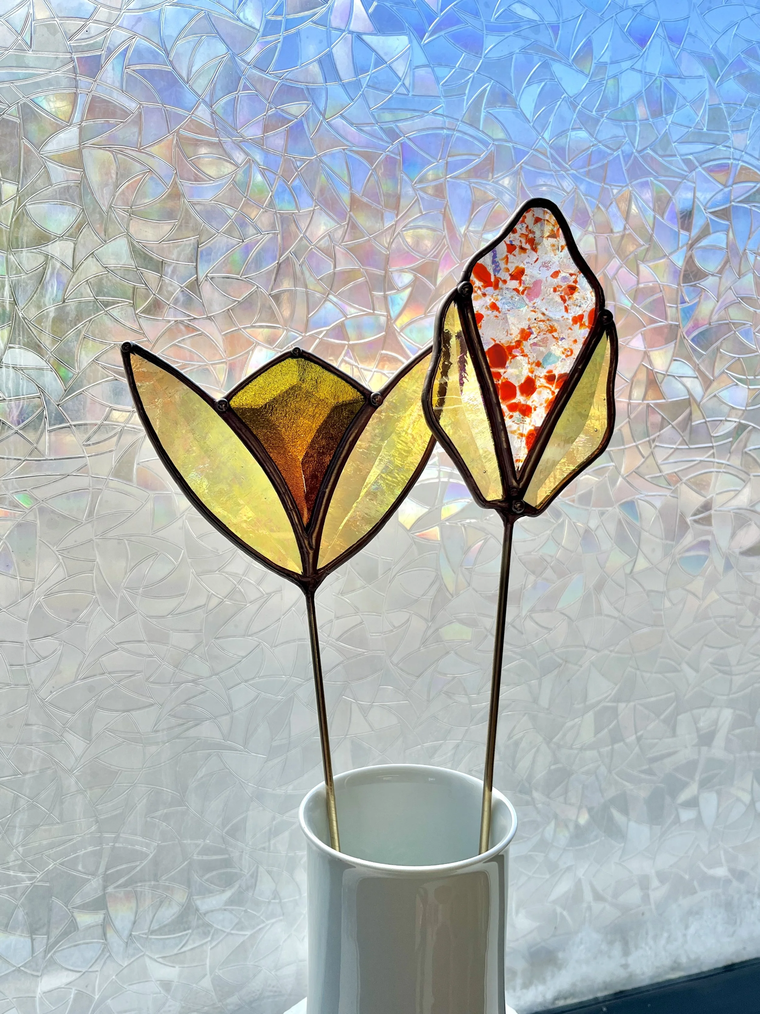 Yellow/Orange - Beveled stained glass plant stake - Handmade in Montreal