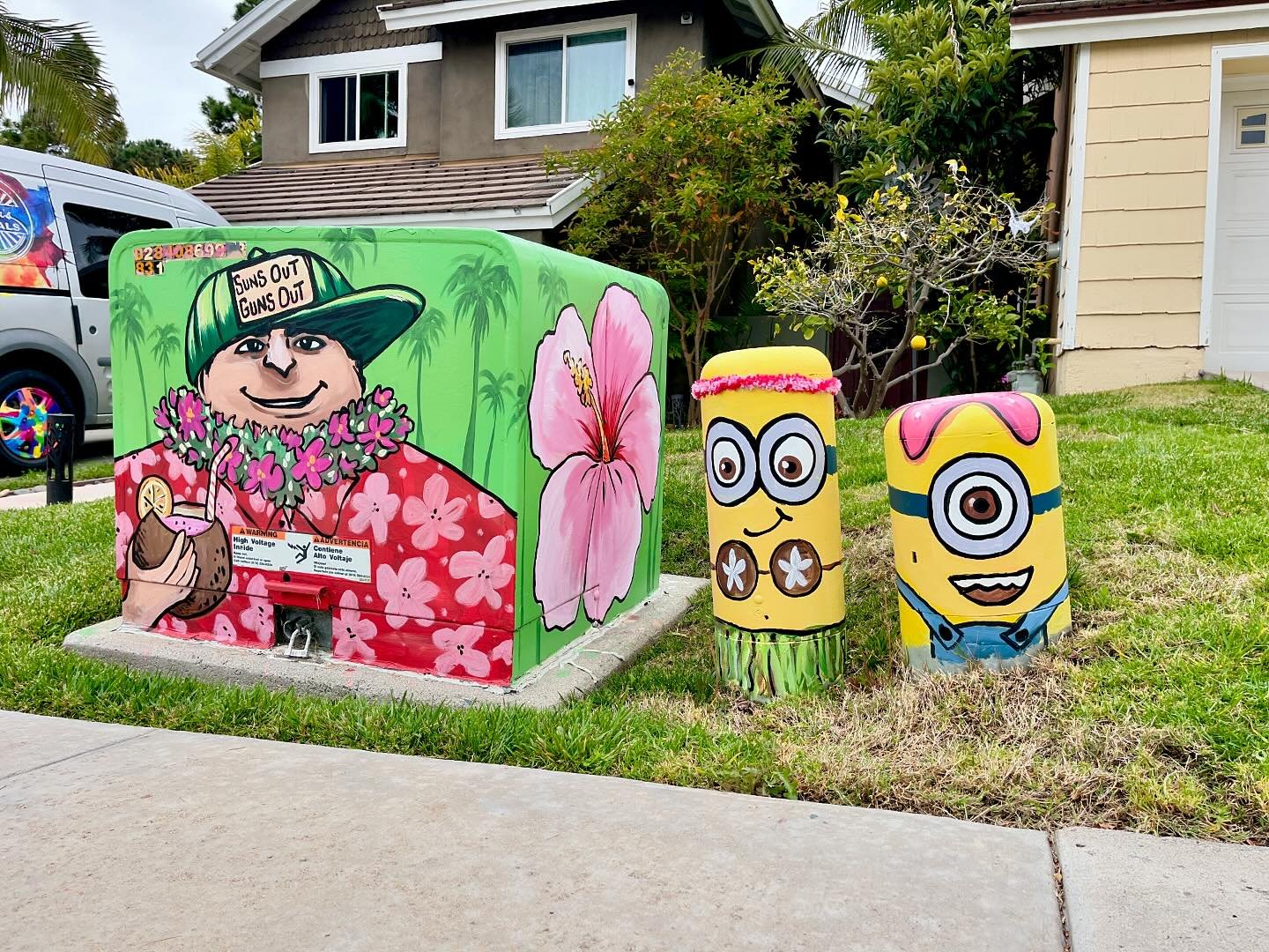 I finally got around to painting my utility boxes for summer and they&rsquo;re cracking me up so much! They&rsquo;re in my front yard and I&rsquo;ve painted them 4 times so far this year. 

The coconut bra is everything. 

I tried to take off Gru&rsq