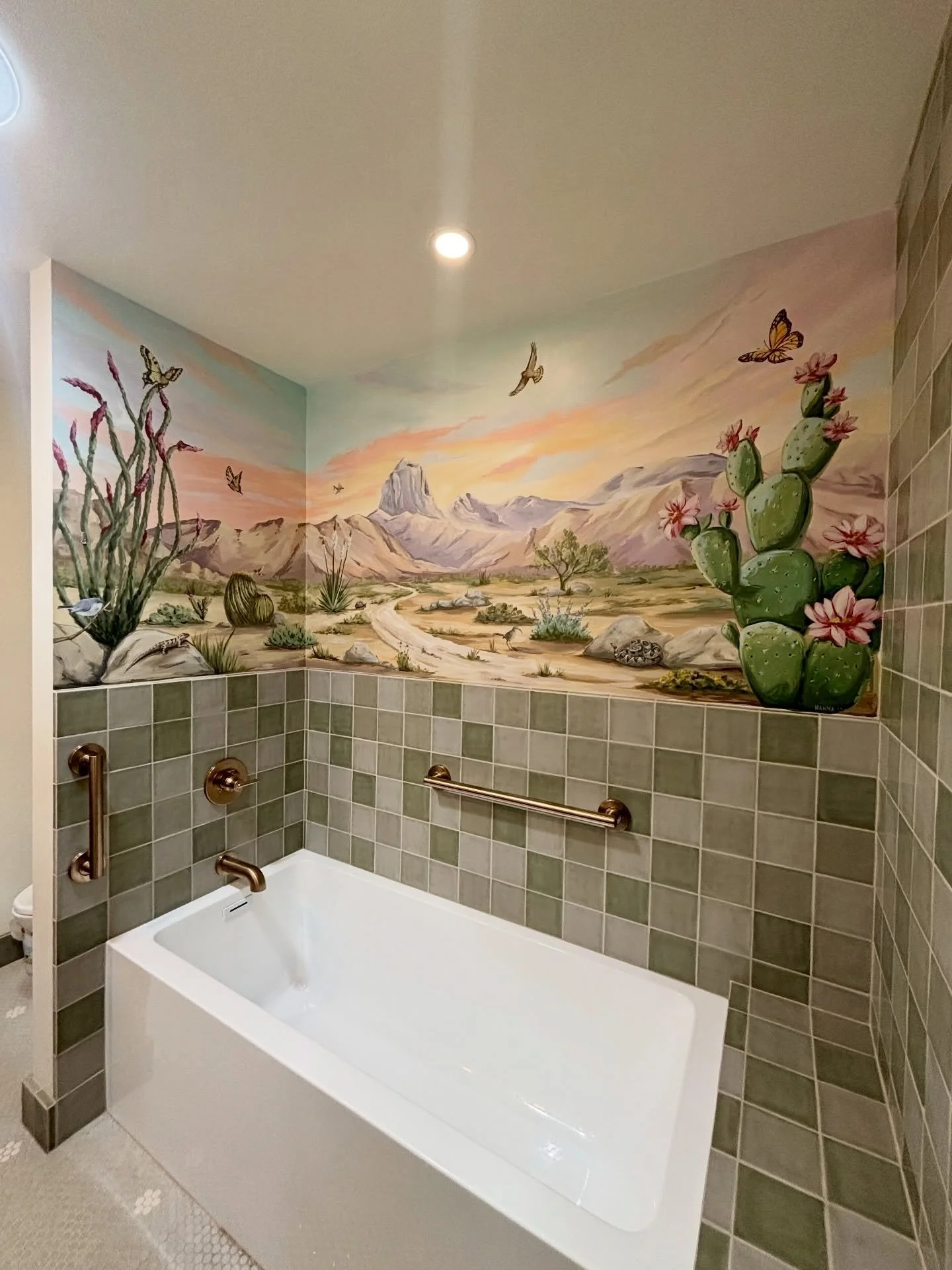 How many of these plants and animals can you name? This client was obsessed with flora and fauna, and we had a blast trying to squeeze all of her favorites into this desert sunset mural. 

She showed me countless pictures of her favorite flowers and 