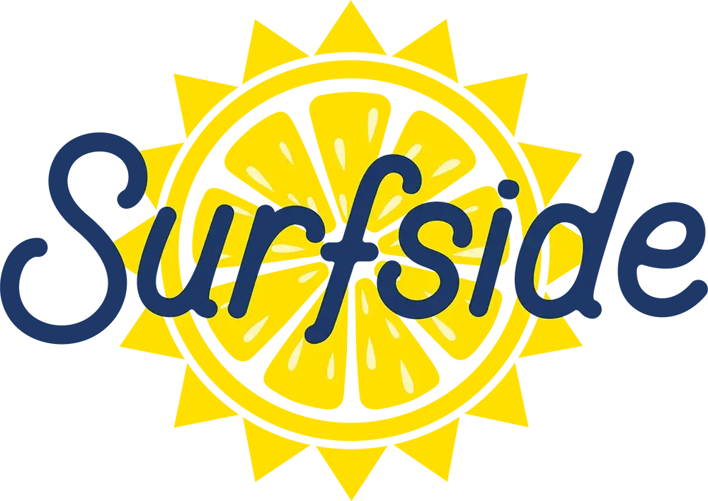 The word 'Surfside' in blue with yellow background and sparkles.