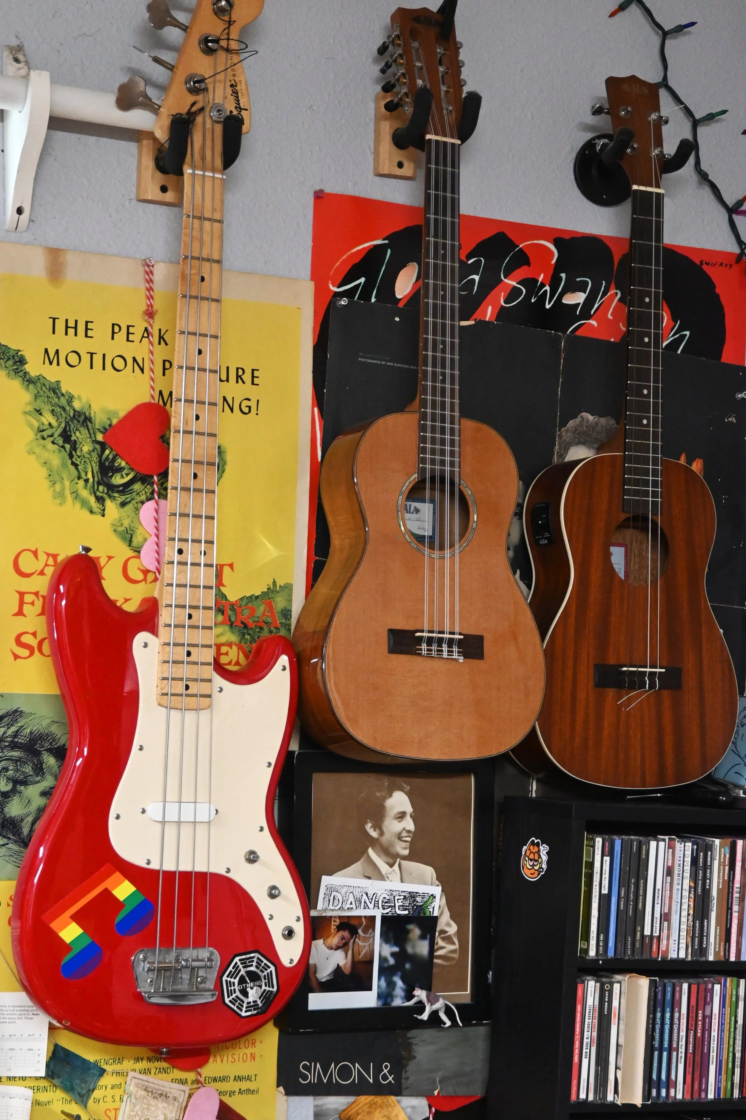 Some of the artist's instruments (check out that right-hand sticker on the bass!)