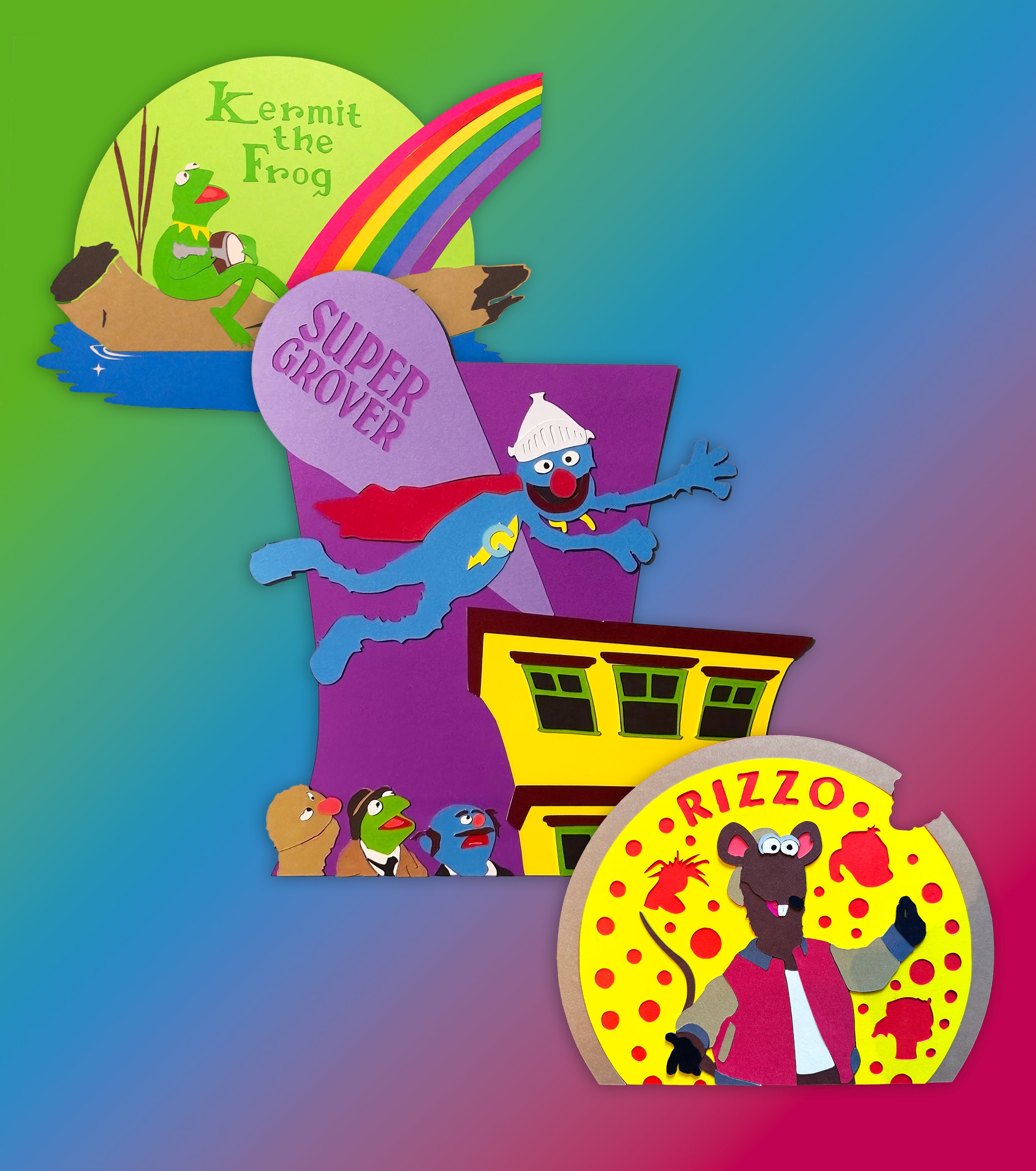 Muppetational Presentational Designs (Graphic Design) - a series of mixed-media illustrations made for the "Muppetational Presentational" project, rendered physical utilizing a cutting plotter to create poster board collages.