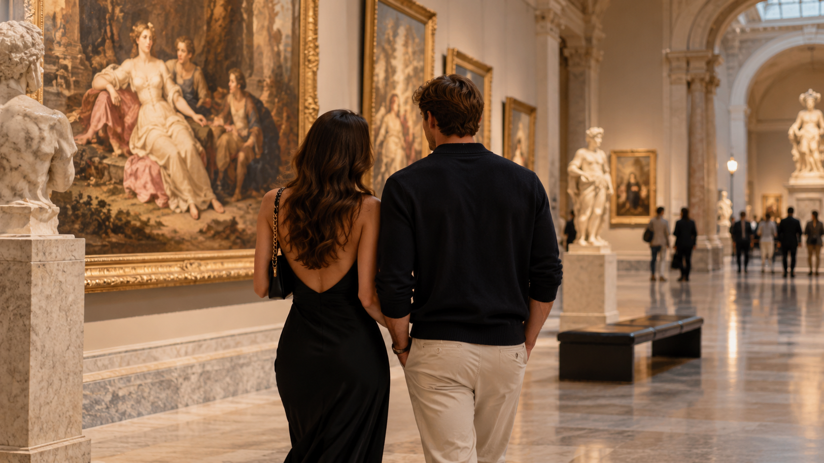 Elegantly dressed couple enjoying a romantic museum date in a New York City art gallery.
