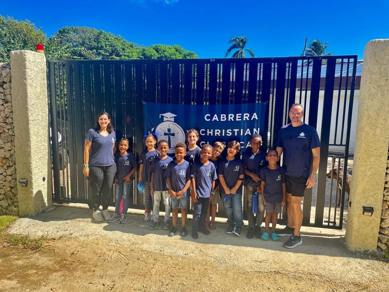 Grammar school students at entry gate