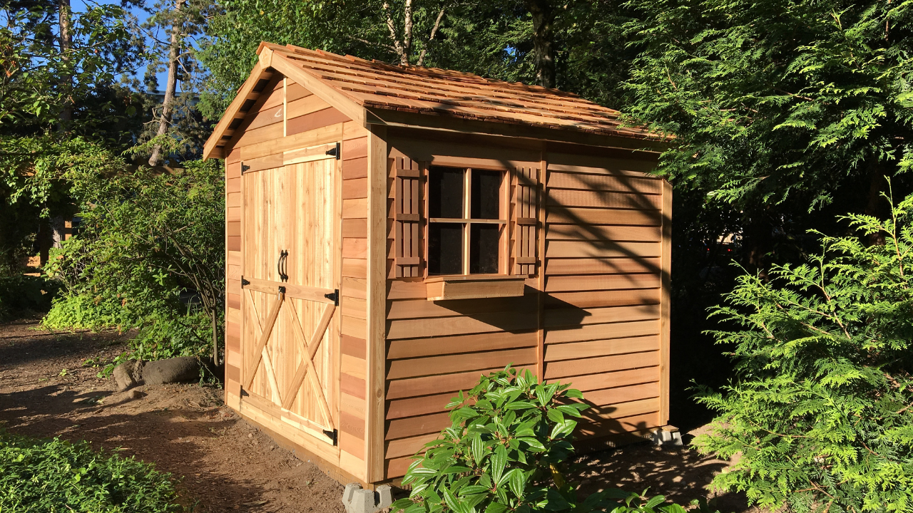 A small wooden shed with a sloped roof and a large door, situated outdoors surrounded by trees and greenery.