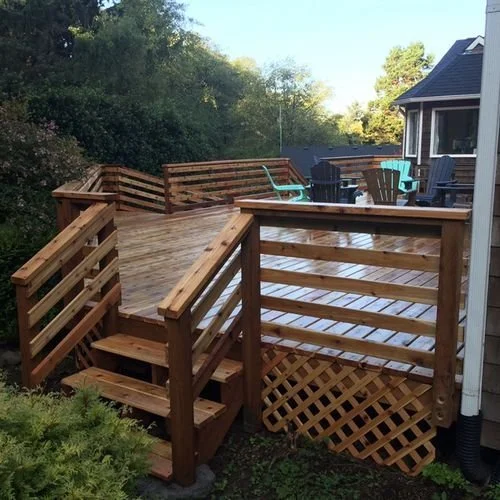 Large, all wood deck and entertainment area in a local beach city.