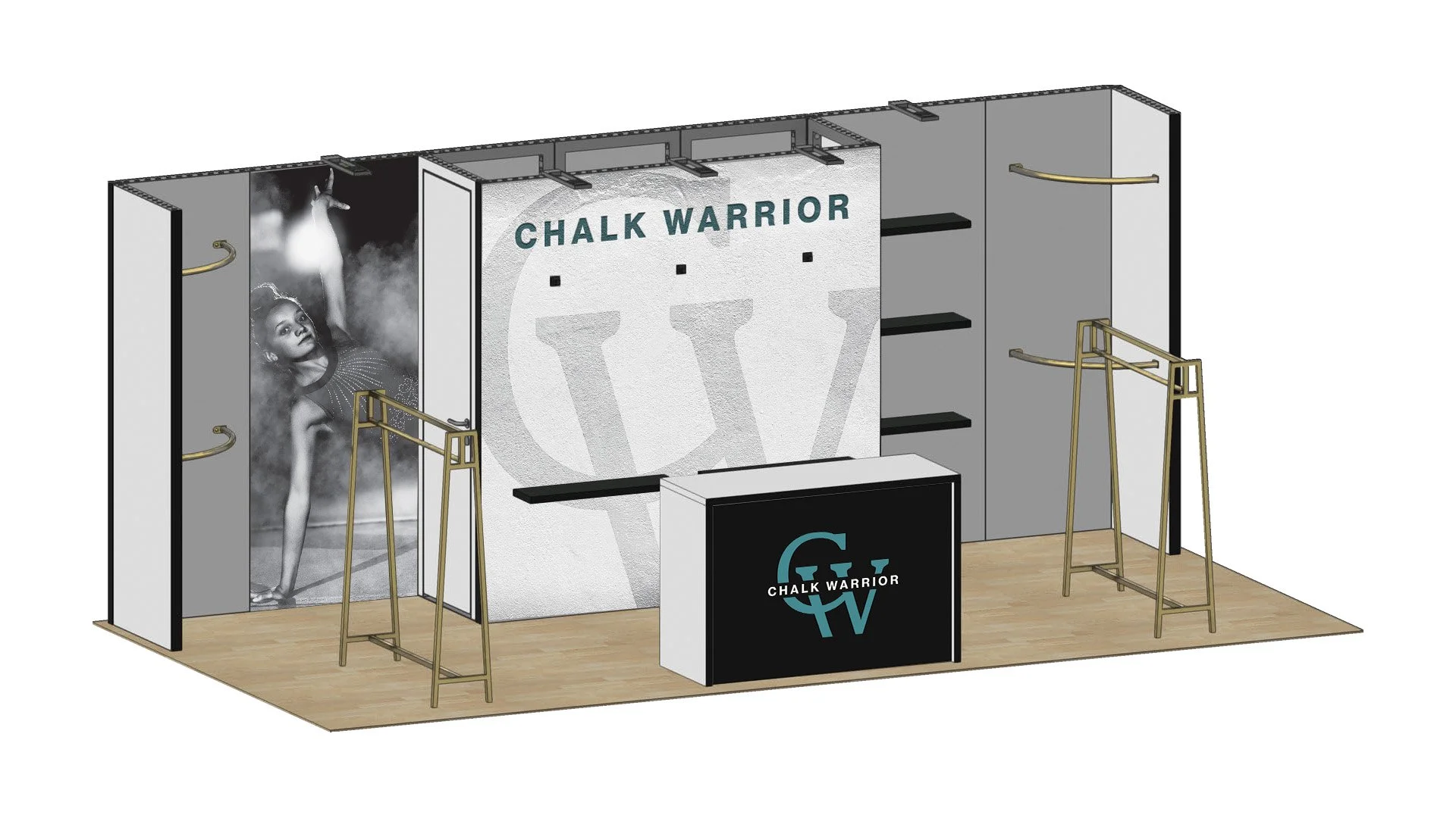 3/4 view of a trade show booth mock up branded for Chalk Warrior