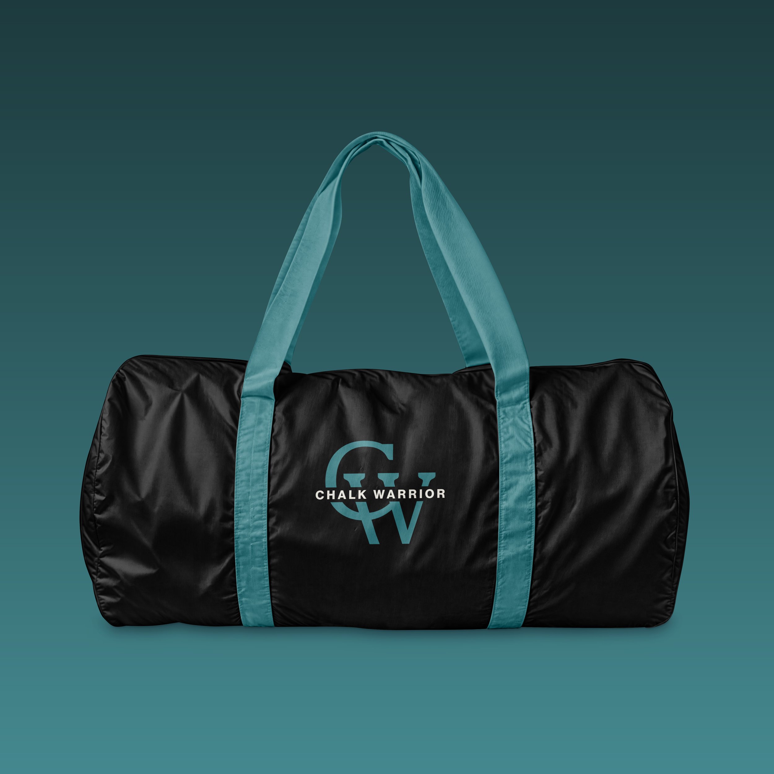 black duffle bag with blue steps and the new logo on the front