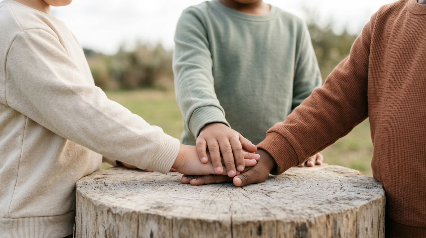 People placing their hands on top of each other on a tree stump outdoors.