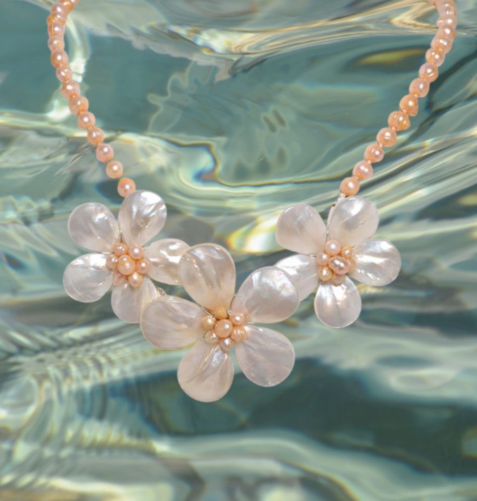 3 Flowers Mother Of Pearl and Freshwater Pearls Necklace