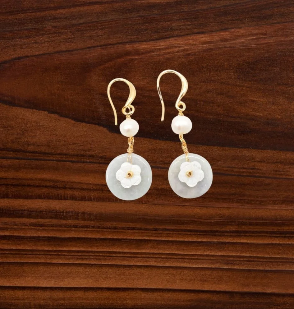 Mother of Pearl and Jade Flower Earrings